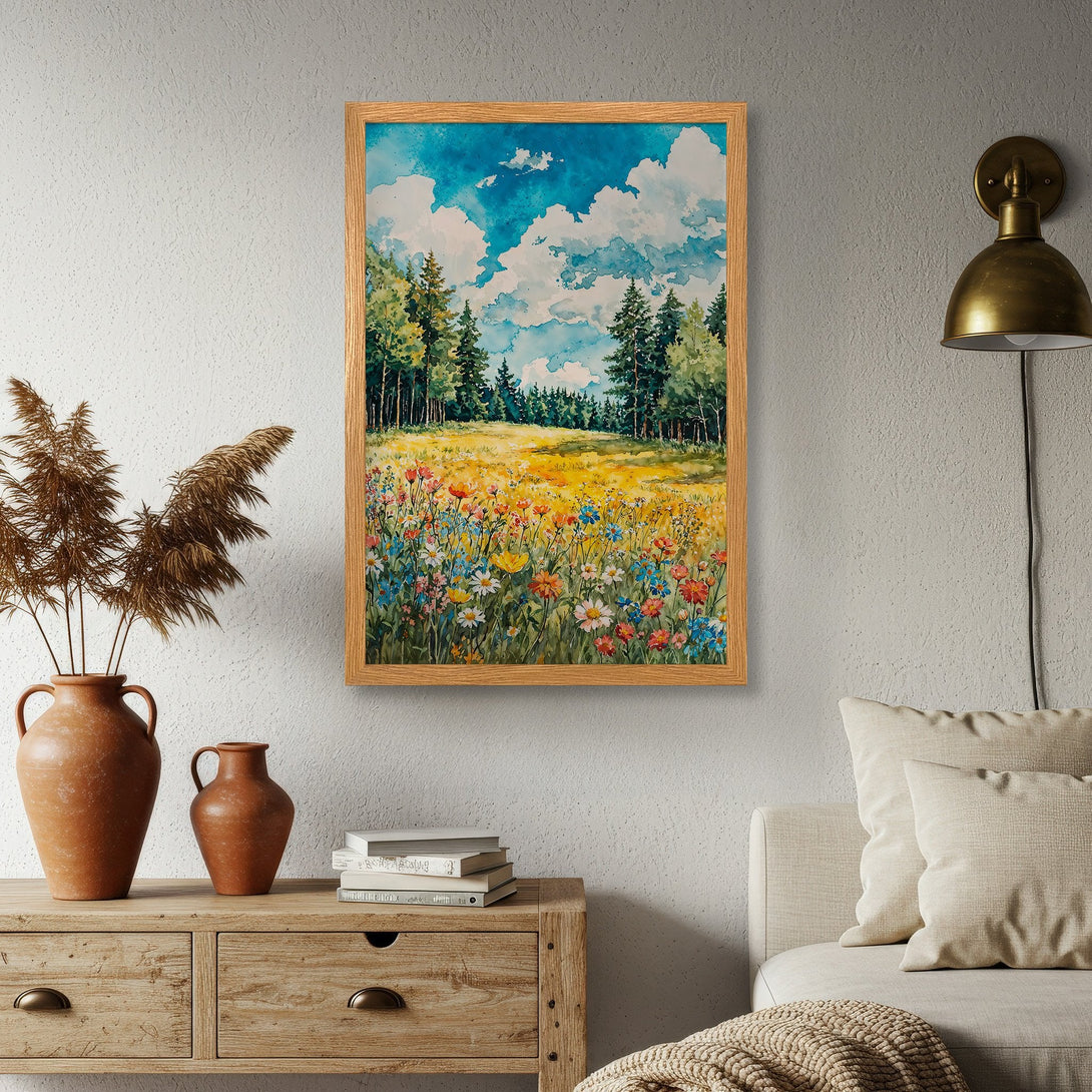Framed Poster featuring a watercolor landscape with a vibrant meadow and blue sky. Earthy tones and bright colors create a serene aesthetic.