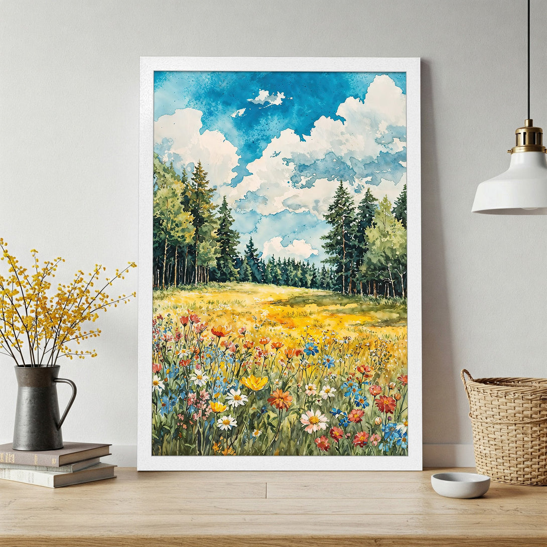 Framed Poster of a watercolor landscape with a vibrant meadow, blue sky, and green trees. Beautiful art with a colorful palette.