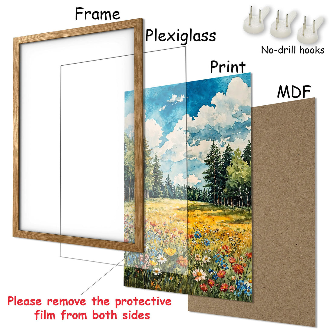 Framed Poster featuring a watercolor landscape painting in blue, yellow, and green tones. Perfect wall art for any room!