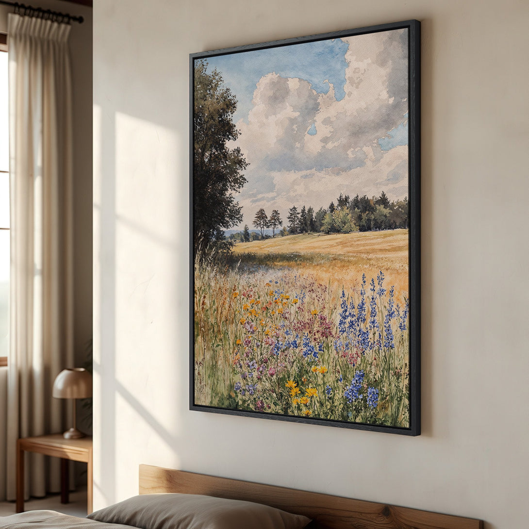 Framed Wall Art: Watercolor landscape Canvas Print with a field of wildflowers in blue, yellow, and green. Perfect for adding a touch of nature to your home.