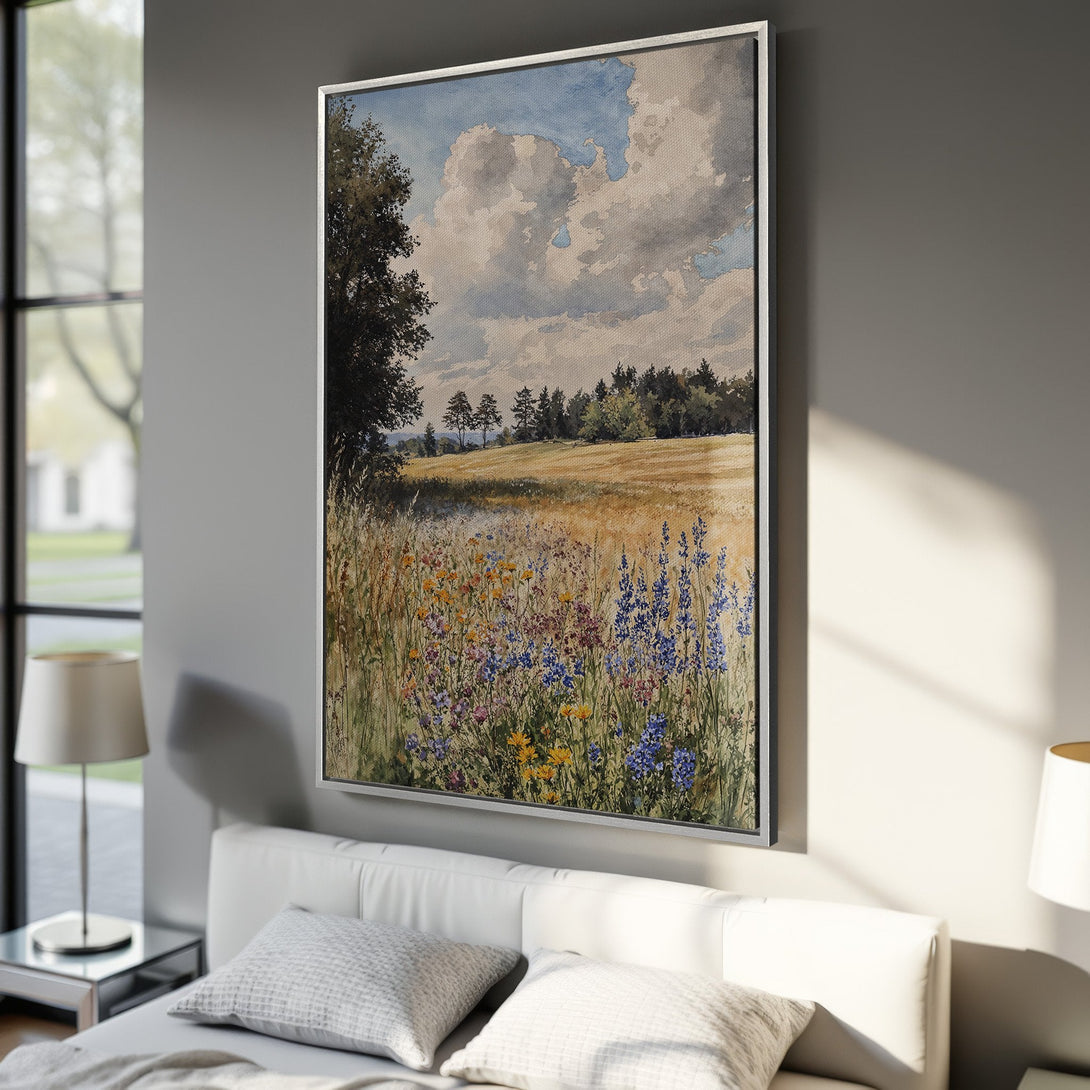 Framed Wall Art: Watercolor landscape Canvas Print with wildflowers, blue sky, and a warm color palette, perfect for adding a touch of nature to your home.