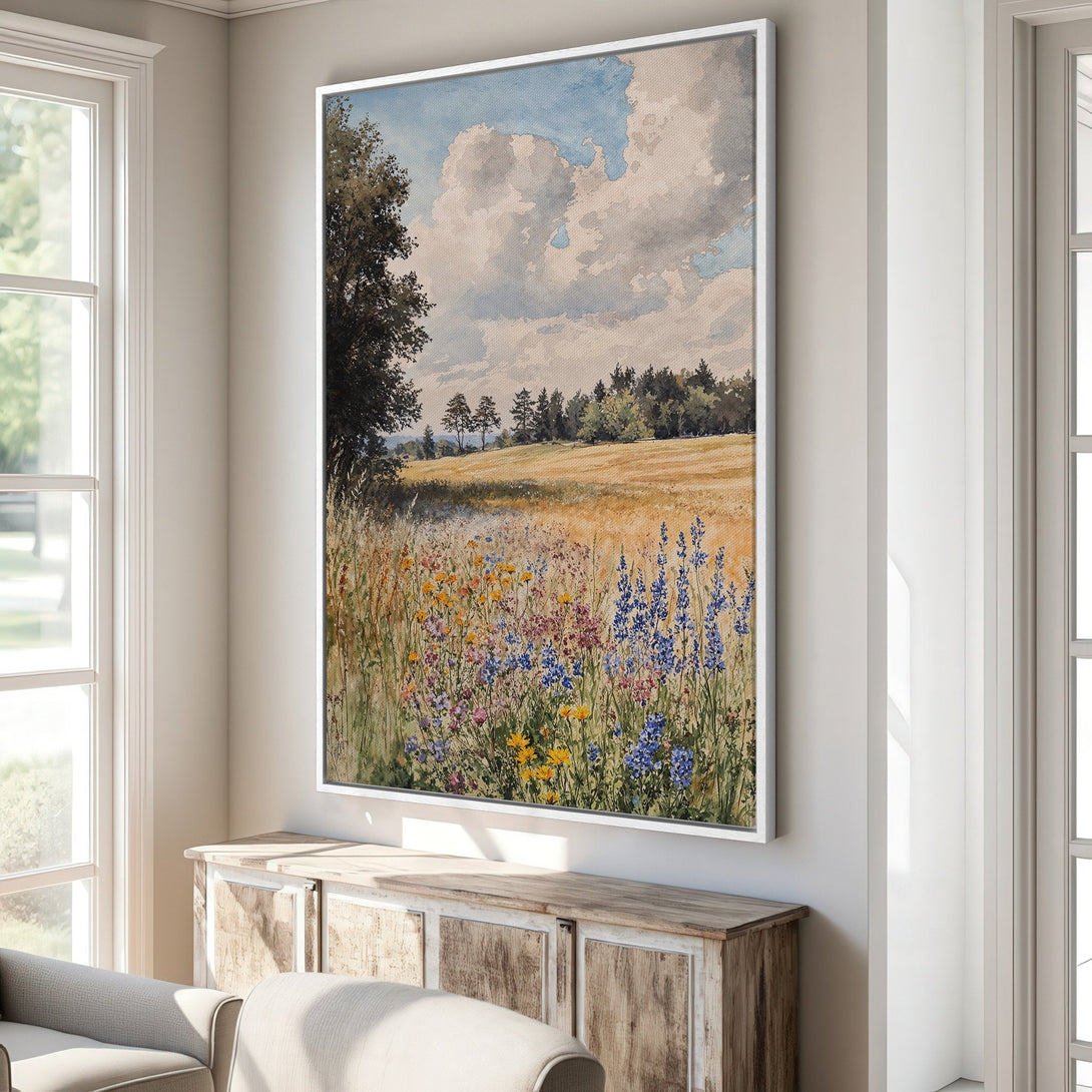Framed Wall Art: Watercolor landscape Canvas Print with wildflowers, featuring a serene, natural scene in soft blues, yellows, and greens. Perfect home decor.