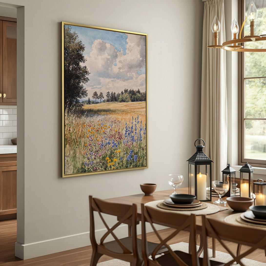 Canvas Print of a serene field scene in watercolor style, showcasing a soft, natural color palette with blues, greens, and yellows.