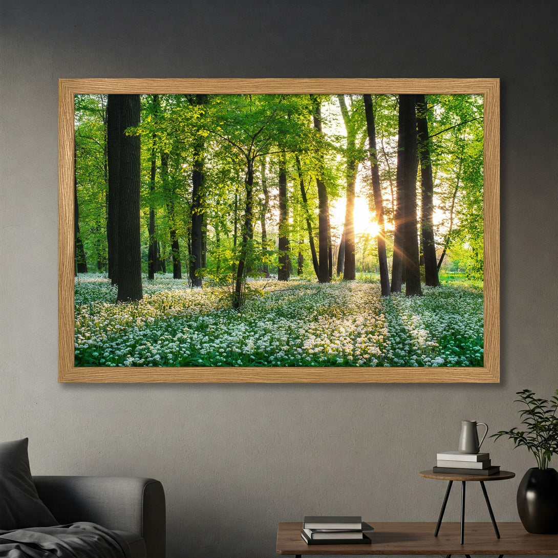Framed Poster of a serene forest scene with a vibrant green and white color palette, perfect for nature lovers.