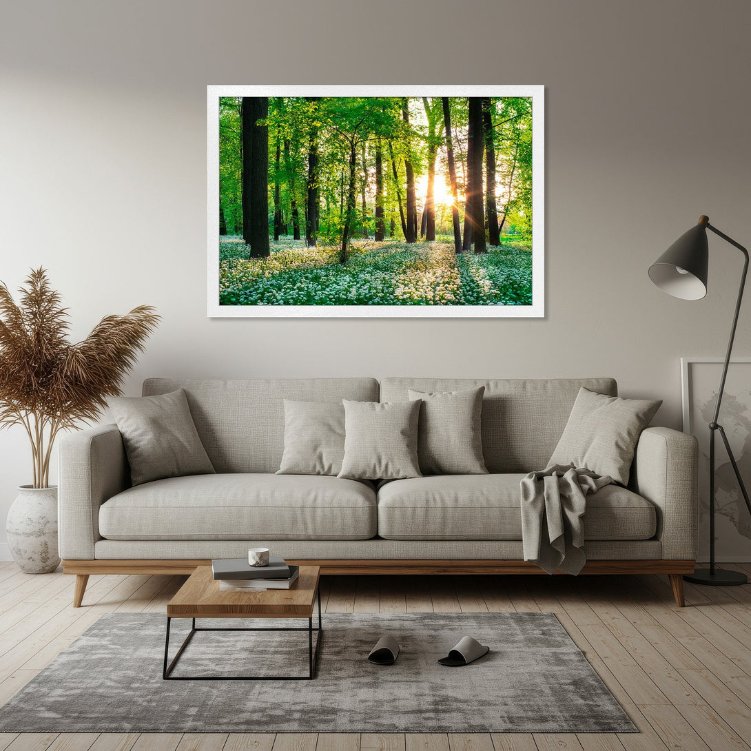 Framed Poster of a serene forest scene with a green and yellow color palette, perfect for nature lovers.