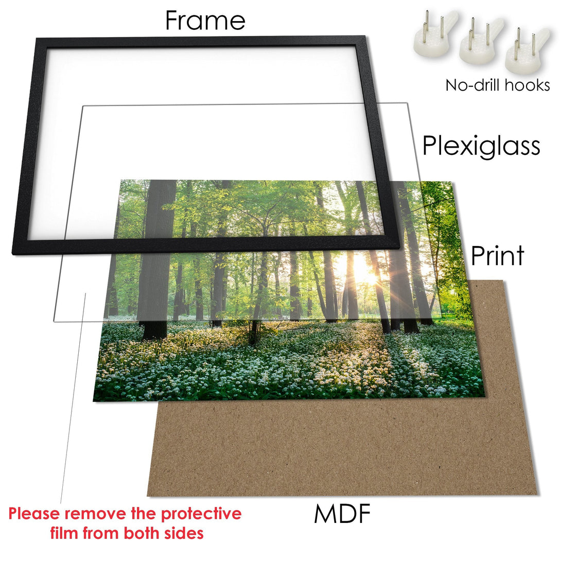 Framed Poster of a serene forest scene. Nature-inspired art with green and white tones, perfect for adding a touch of tranquility.
