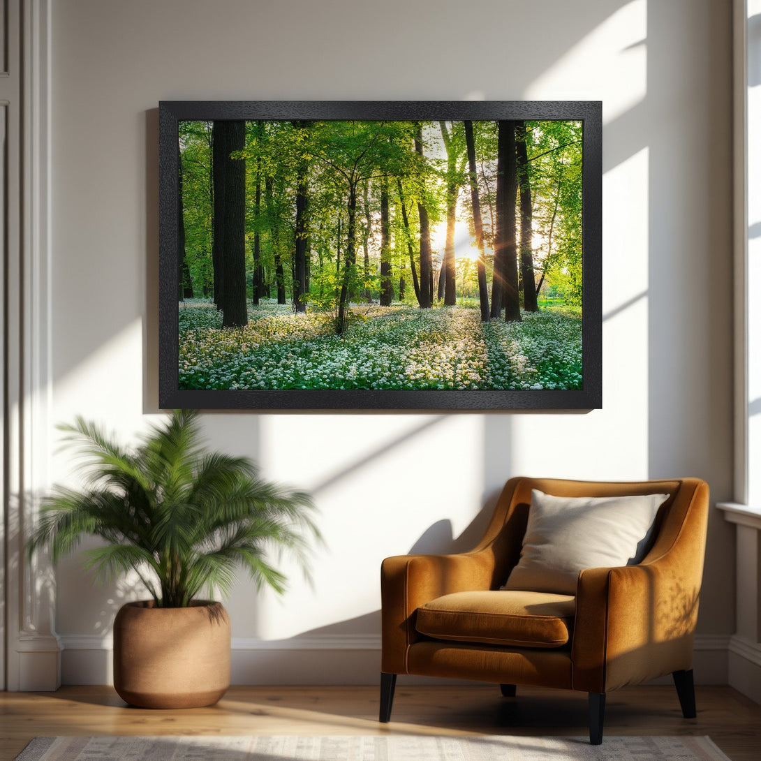 Framed Poster of a sunlit forest scene, natural style with green & gold tones, perfect for home decor.
