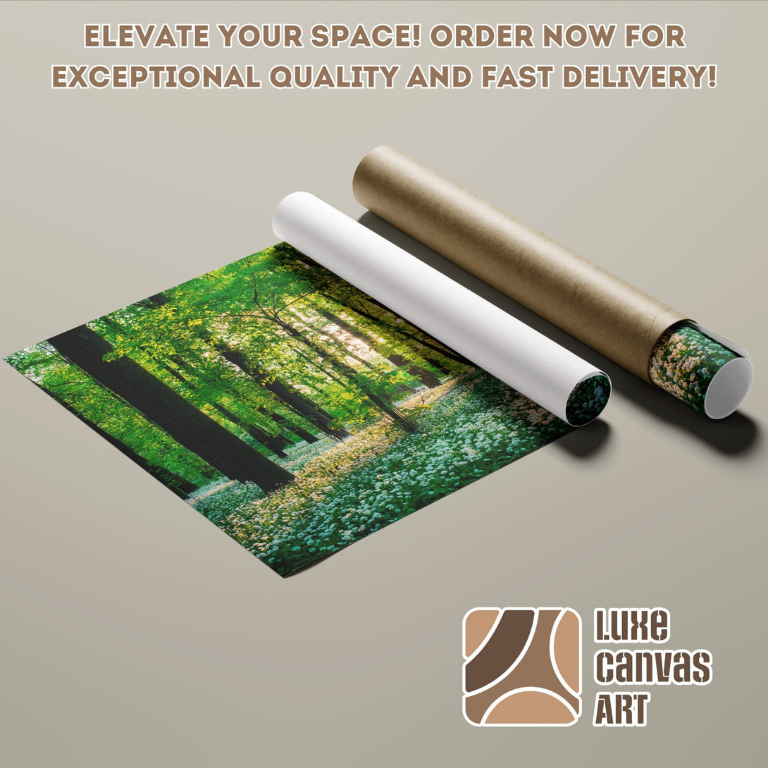 Poster Roll featuring a vibrant forest scene, green and white color palette, perfect for home decor.