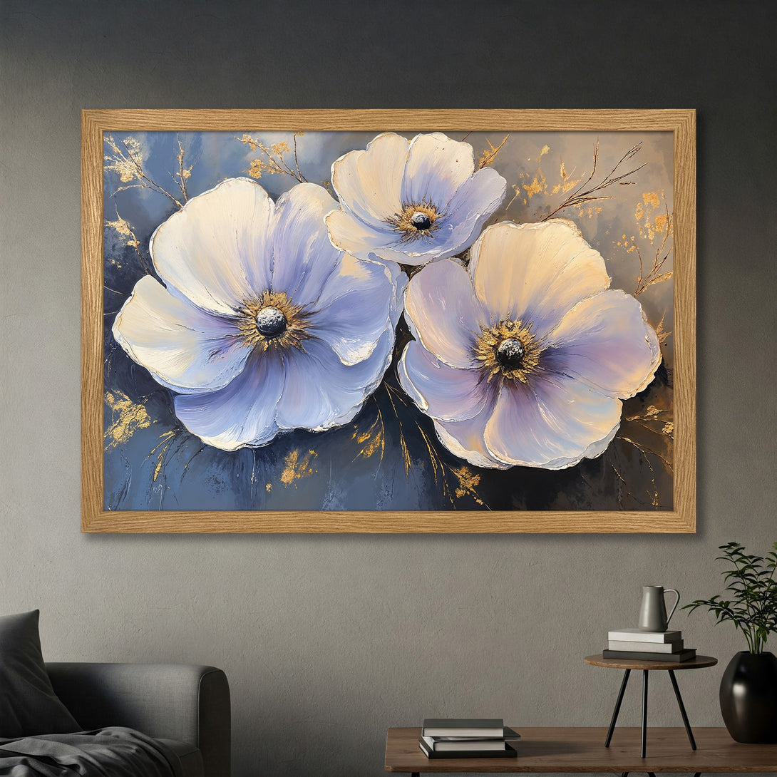 Framed Poster featuring elegant white floral art with gold accents. Modern style, blue, white, and gold color palette. Perfect wall decor!