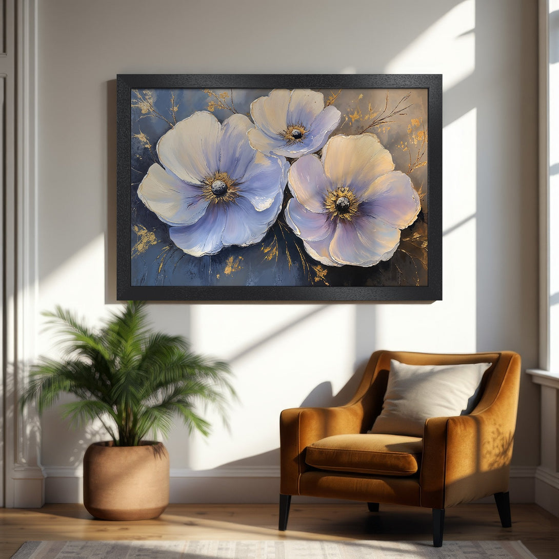 Framed Poster featuring floral art in a modern style with a blue, white, and gold color palette. Perfect wall decor!