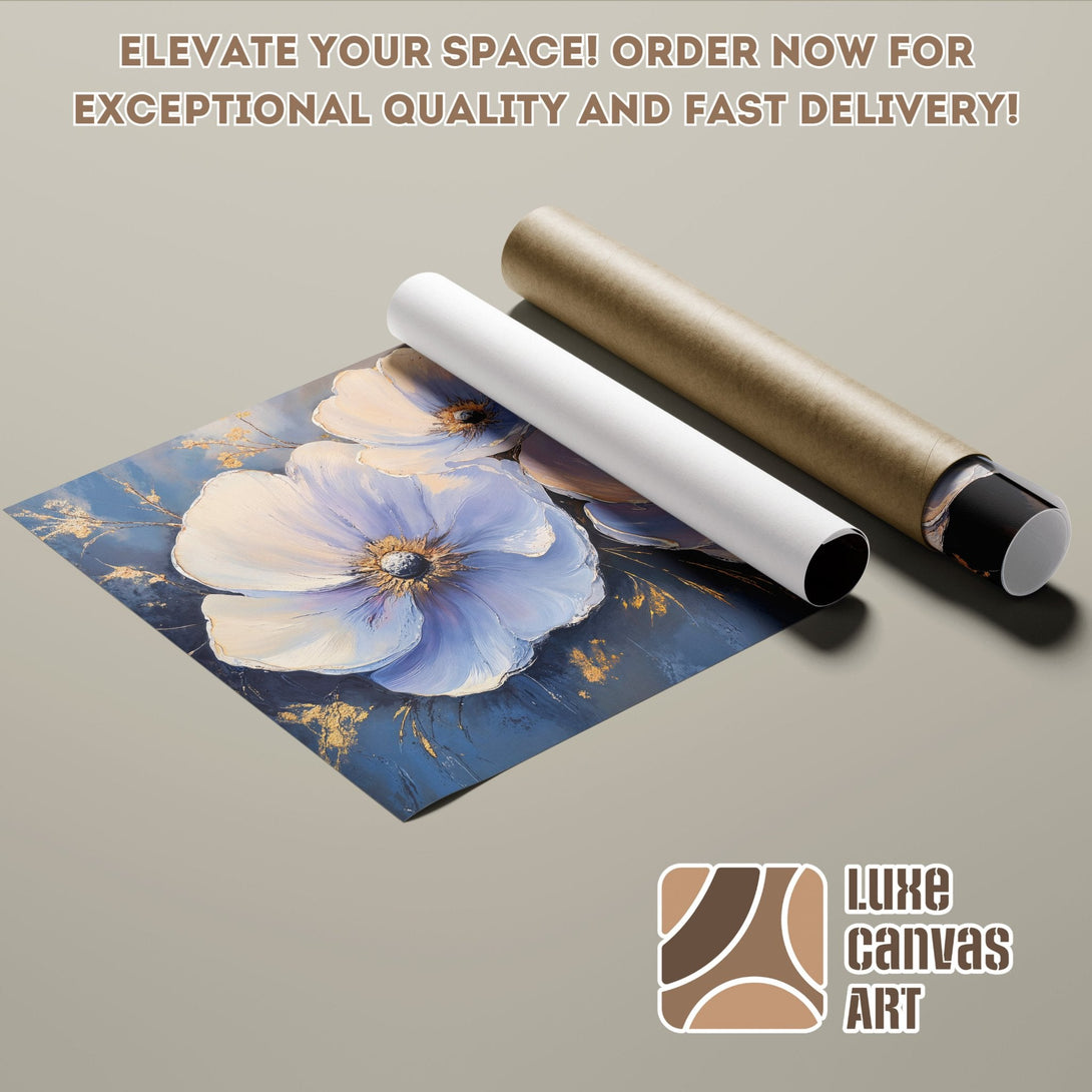 Poster Roll of blue floral art. Modern style with blue, white, and gold color palette. Elevate your space!