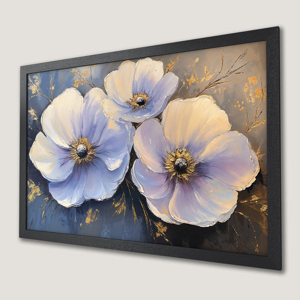 Framed Poster featuring elegant floral art in a textured style with a blue, gold, and neutral color palette. Perfect wall decor!