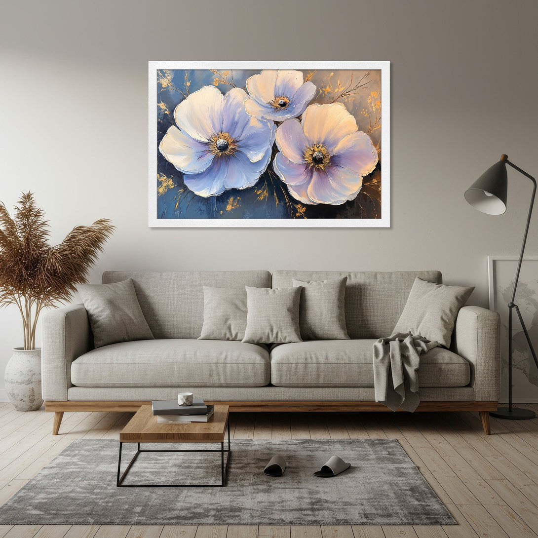 Framed Poster featuring elegant floral art in blue, white, and gold. Enhance your living room with this stunning art print.