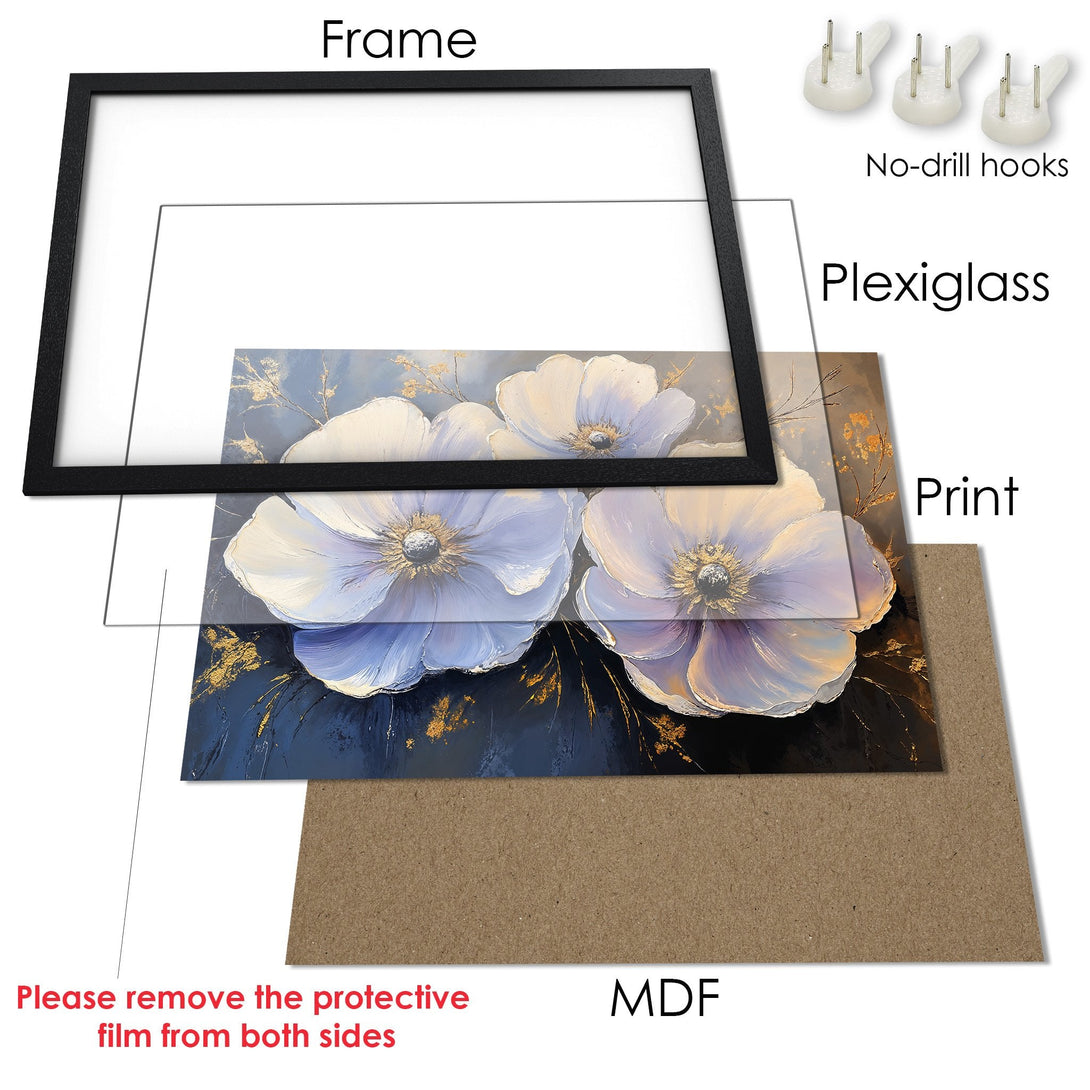 Framed Poster featuring floral art in a painterly style with a blue and gold color palette. Perfect wall decor!