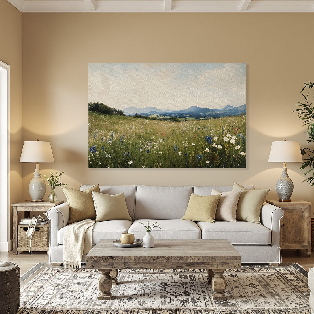 Framed Wall Art: Landscape Canvas Print with wildflowers in a meadow, featuring a green, blue, and neutral color palette. Perfect for home decor.