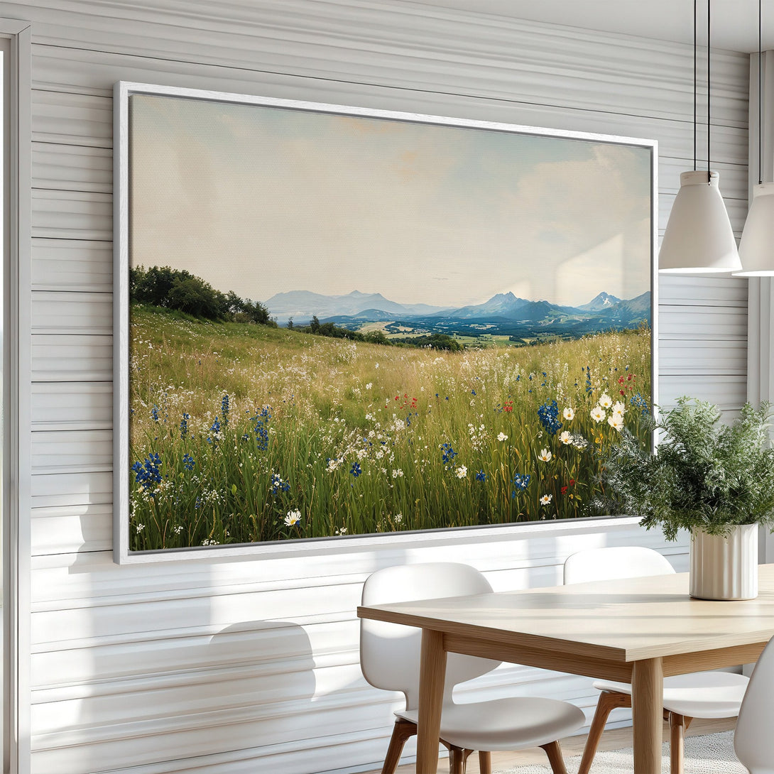 Framed Wall Art featuring a serene meadow landscape with wildflowers in a soft, natural color palette. Perfect for adding a touch of nature to your home.