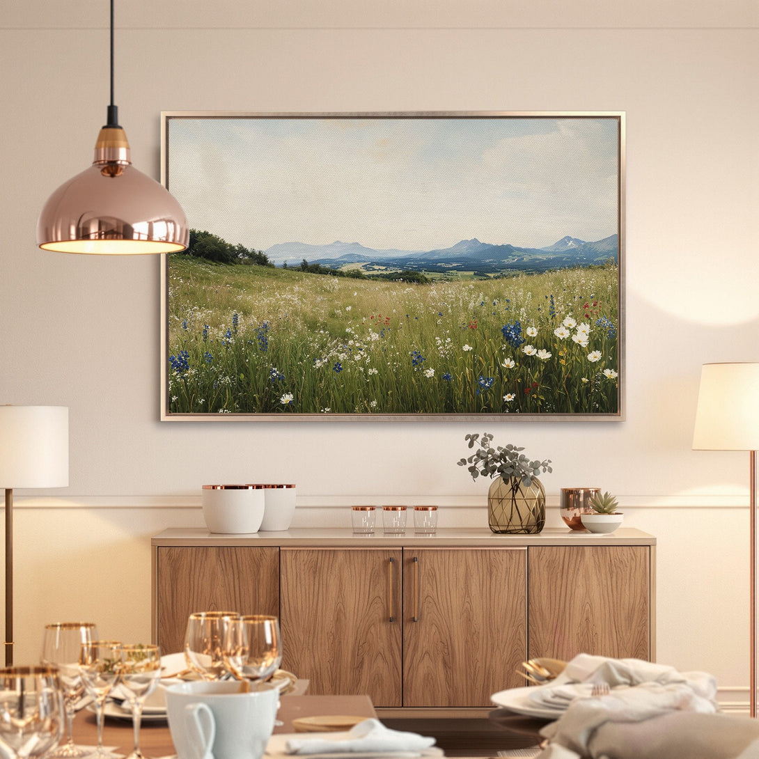 Framed Wall Art: Serene landscape canvas print featuring wildflowers, mountains, and a soft, natural color palette. Perfect for adding a touch of nature to your home.
