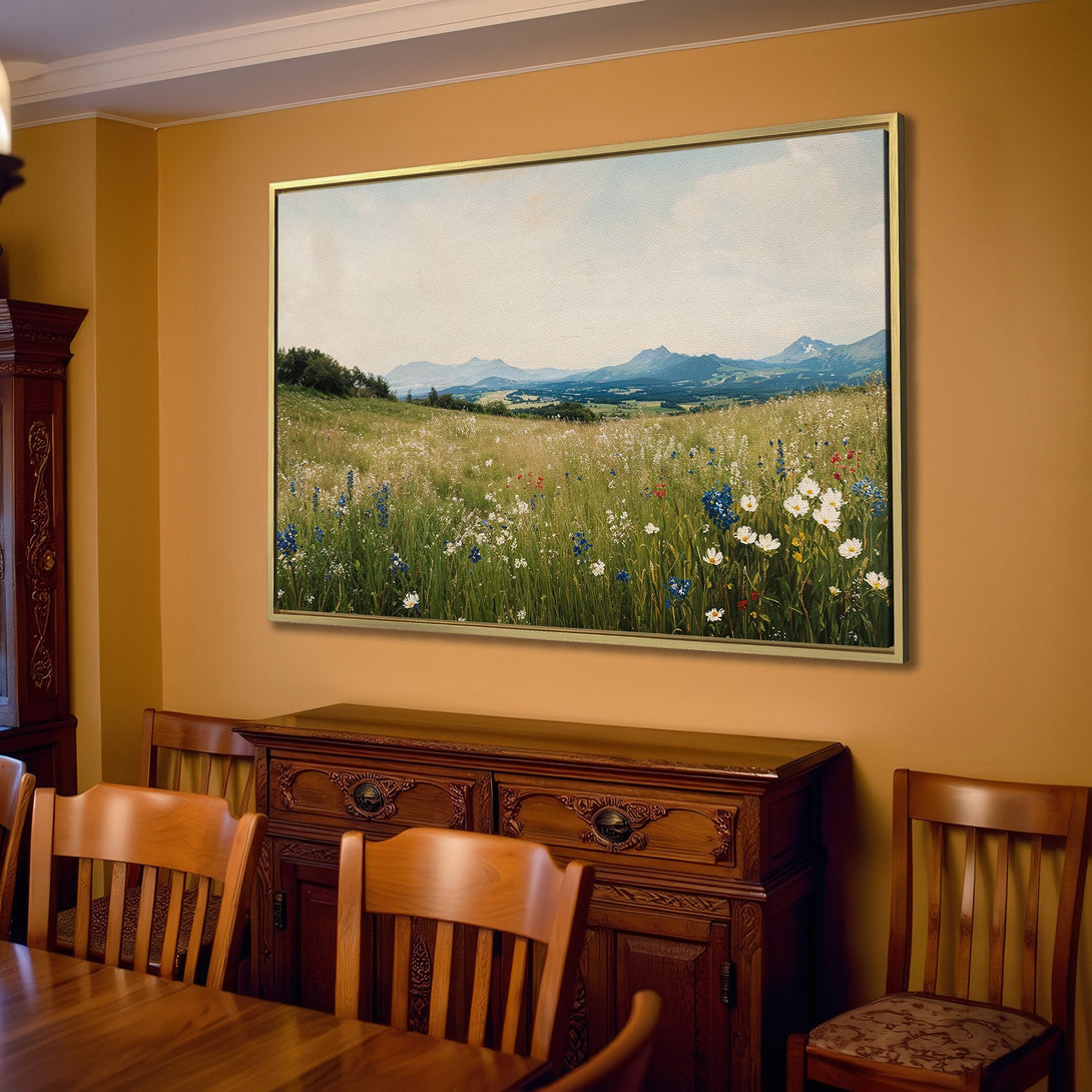 Canvas Print of a serene wildflower meadow landscape in a neutral color palette, perfect for adding a touch of nature to your home decor.