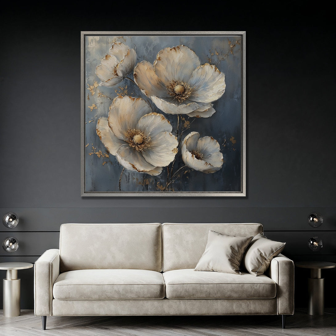 Framed Wall Art: Elegant floral painting in a modern style, featuring white and gold flowers on a blue-grey background. Perfect for adding a touch of sophistication.