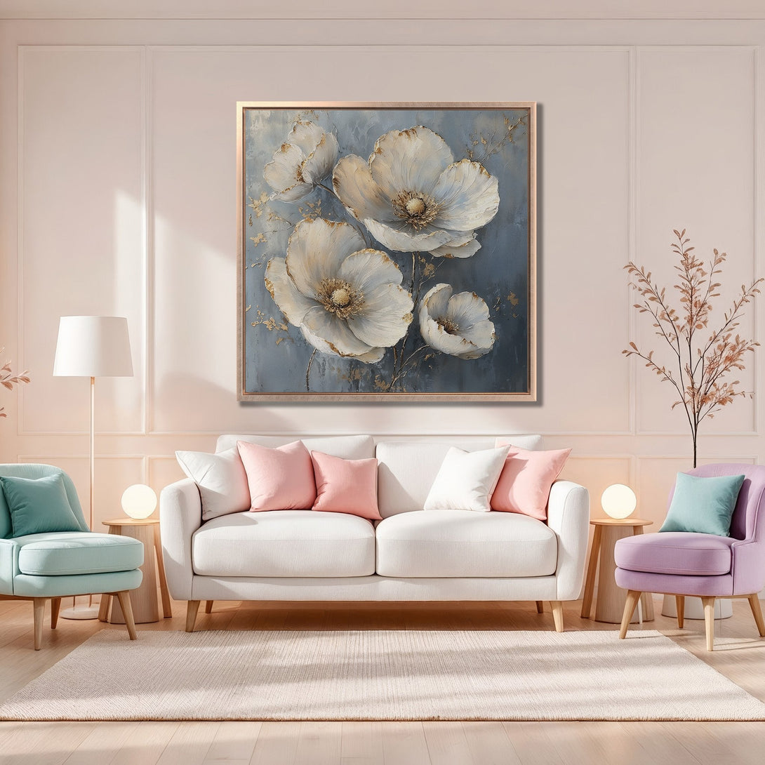 Framed Wall Art: Elegant floral canvas print in a modern living room. Features a soft blue and gold color palette, perfect for adding a touch of sophistication.