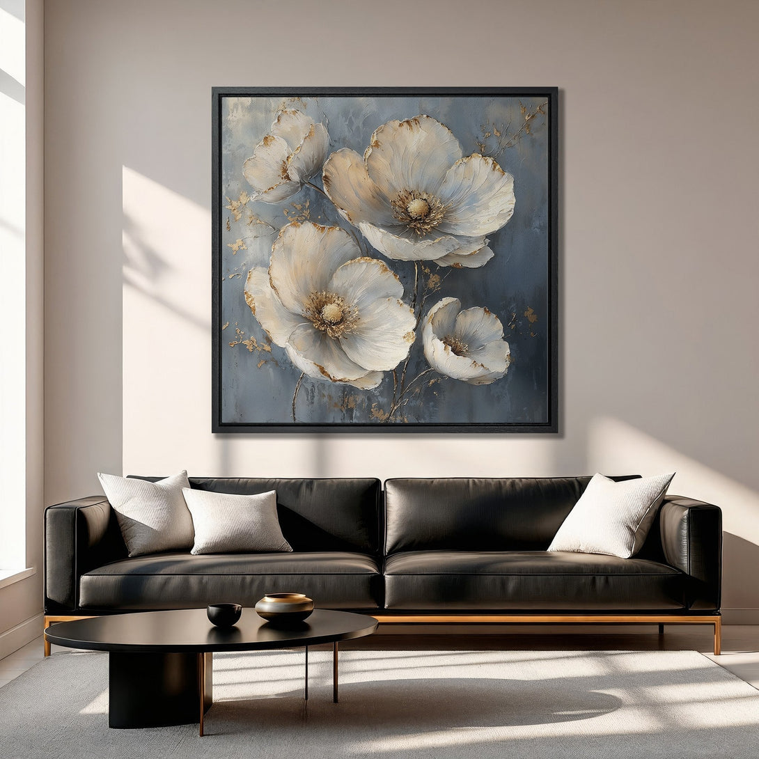 Framed Wall Art featuring elegant white floral art with gold accents on a blue-grey background. Modern style, perfect for living room decor.
