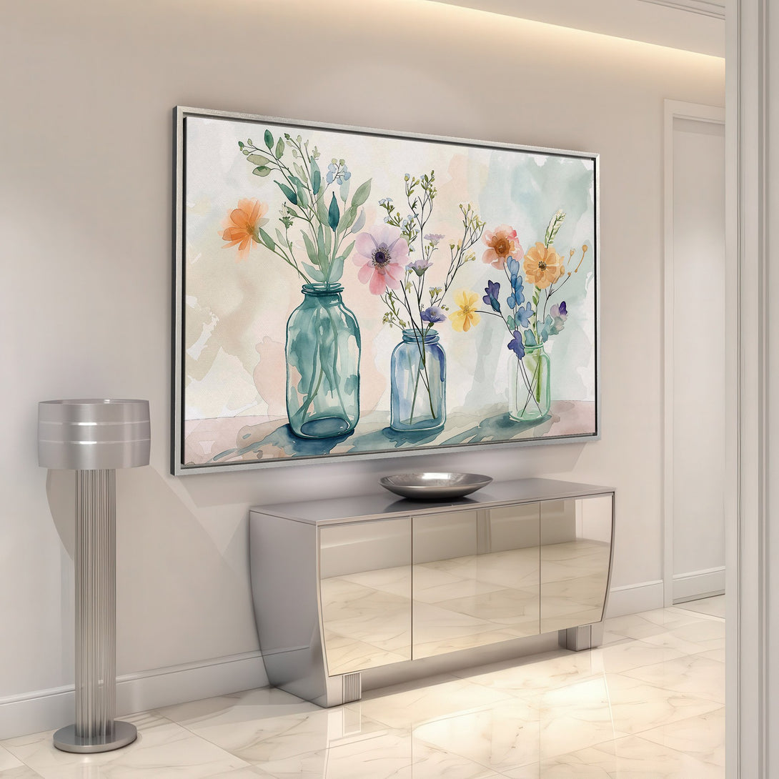 Framed Wall Art featuring a watercolor floral arrangement in pastel hues. Perfect for adding a touch of elegance and color to any space.