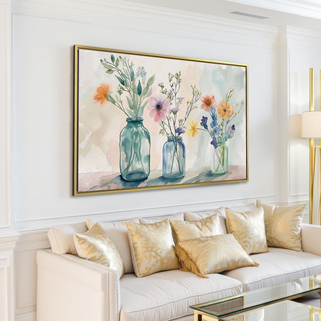 Canvas Print of watercolor floral art in a bright, airy living room. Soft pastel color palette, perfect for adding a touch of nature to your home.