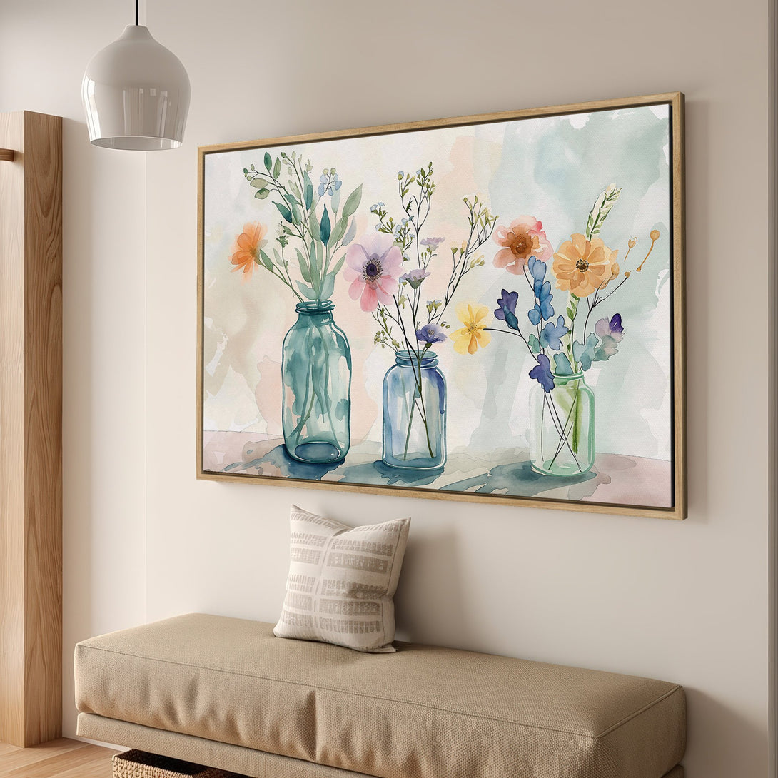 Framed Wall Art featuring watercolor flowers in vases. Soft pastel color palette adds a touch of elegance to any space. Perfect for living rooms and bedrooms.