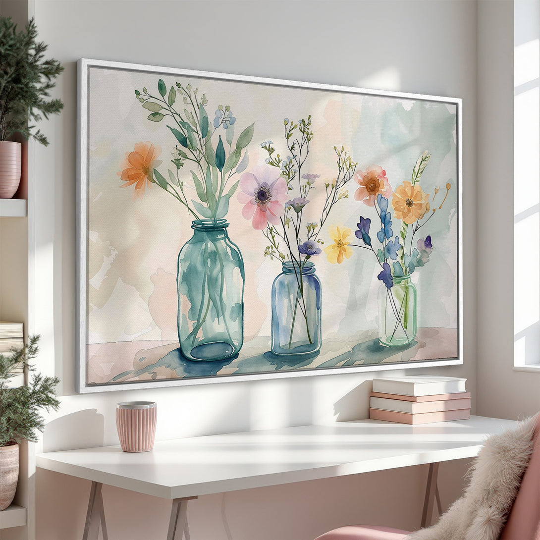 Framed Wall Art: Watercolor floral print in pastel hues. Adds a touch of elegance to any space. Perfect for bedroom or living room decor.