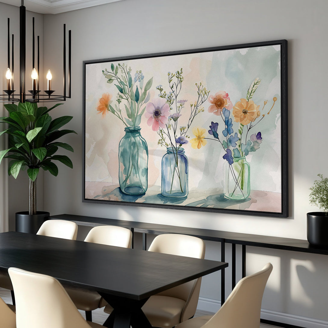 Framed Wall Art: Watercolor floral print in soft pastel hues. Adds a touch of elegance to any space. Perfect for living rooms and dining areas.