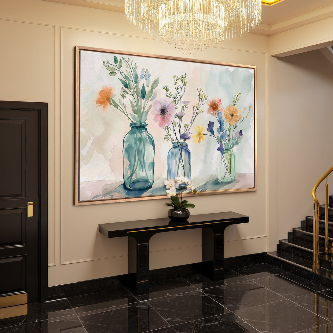 Framed Wall Art: Watercolor floral print in soft pastel hues. Adds elegance to any space. Shop now for beautiful wall decor!