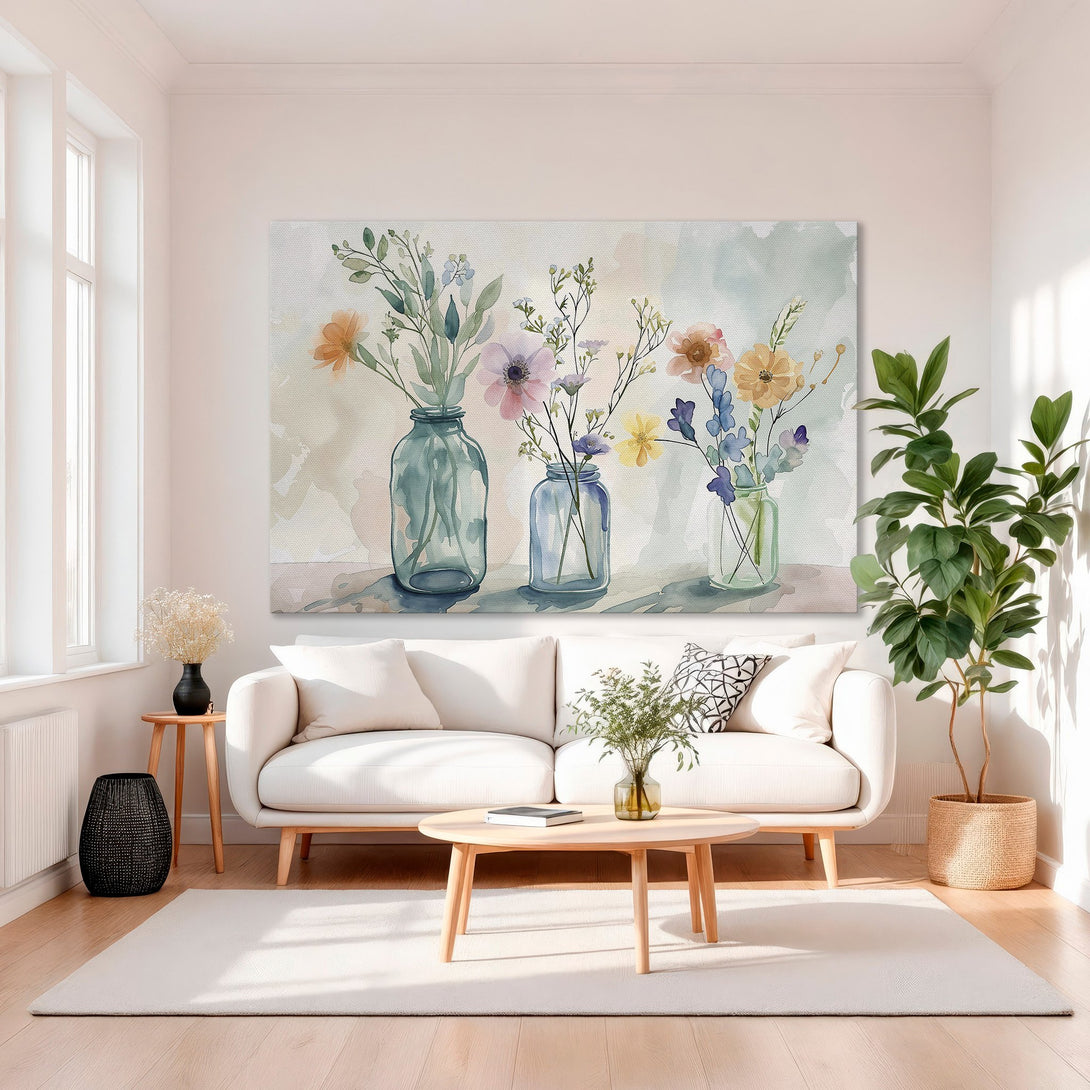 Framed Wall Art: Watercolor floral print in pastel colors. Adds a touch of elegance to any space. Perfect for living rooms and bedrooms.