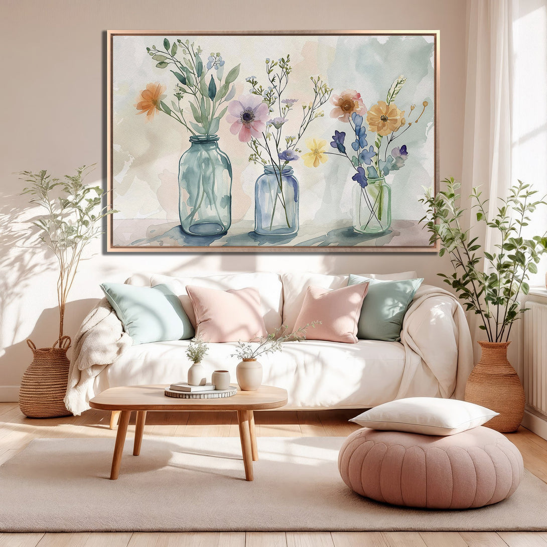 Framed Wall Art: Watercolor floral print in soft pastel hues, perfect for adding a touch of elegance to any living room. Shop now for art that inspires!