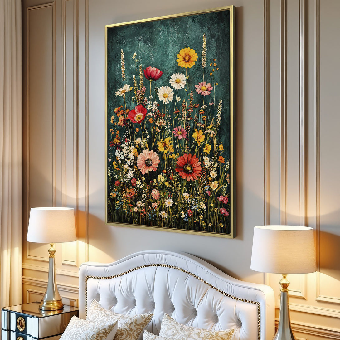 Canvas Print of vibrant wildflower art in a teal and colorful palette, adding a touch of nature to any living room.