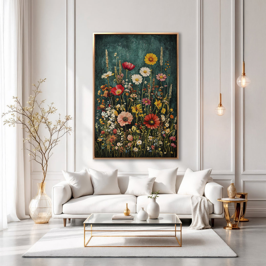 Framed Wall Art featuring a vibrant floral painting with colorful blooms. Adds a touch of nature and elegance to any interior with its warm color palette.