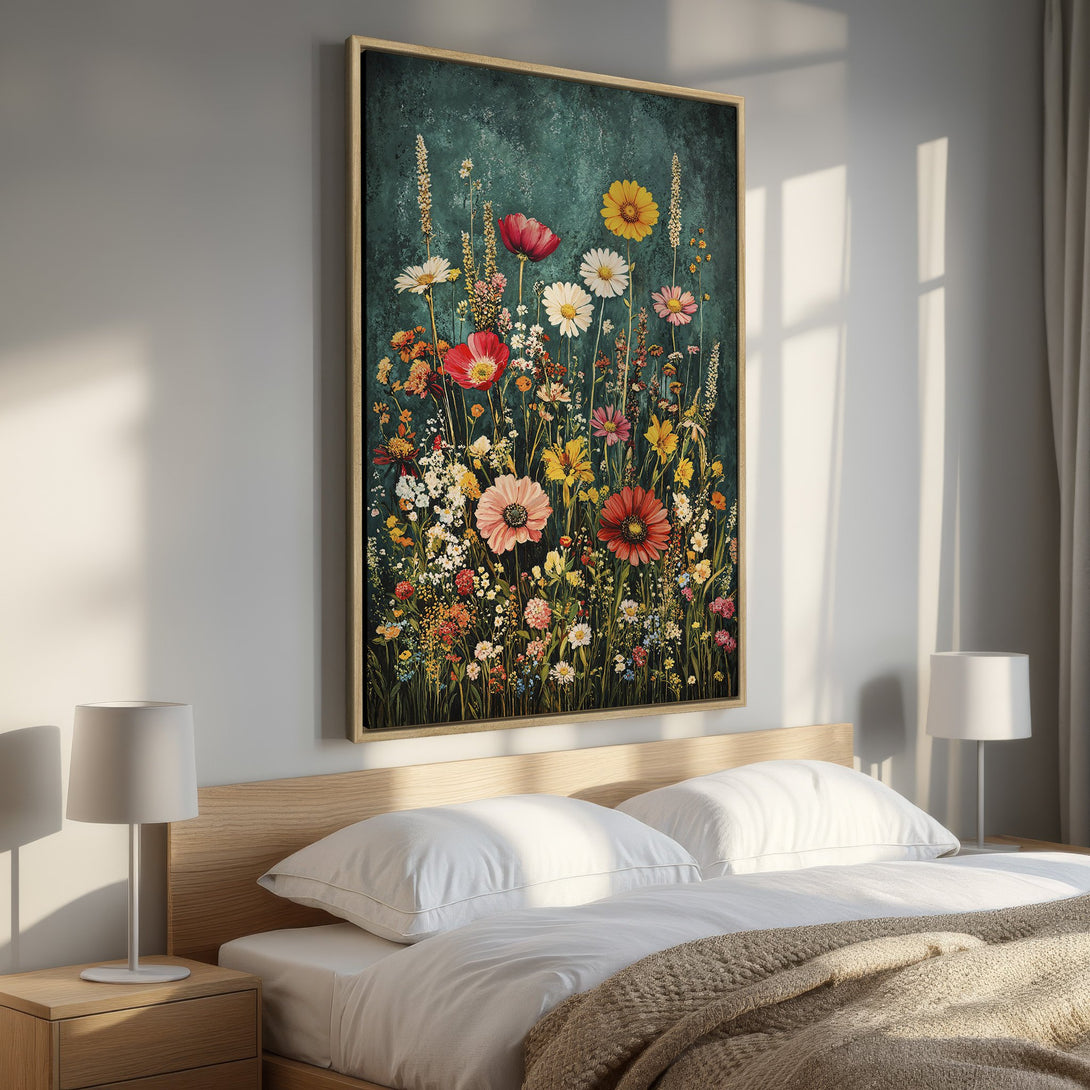 Framed Wall Art featuring vibrant floral artwork. Beautiful Canvas Print with a colorful palette of reds, yellows, and greens. Perfect bedroom decor.
