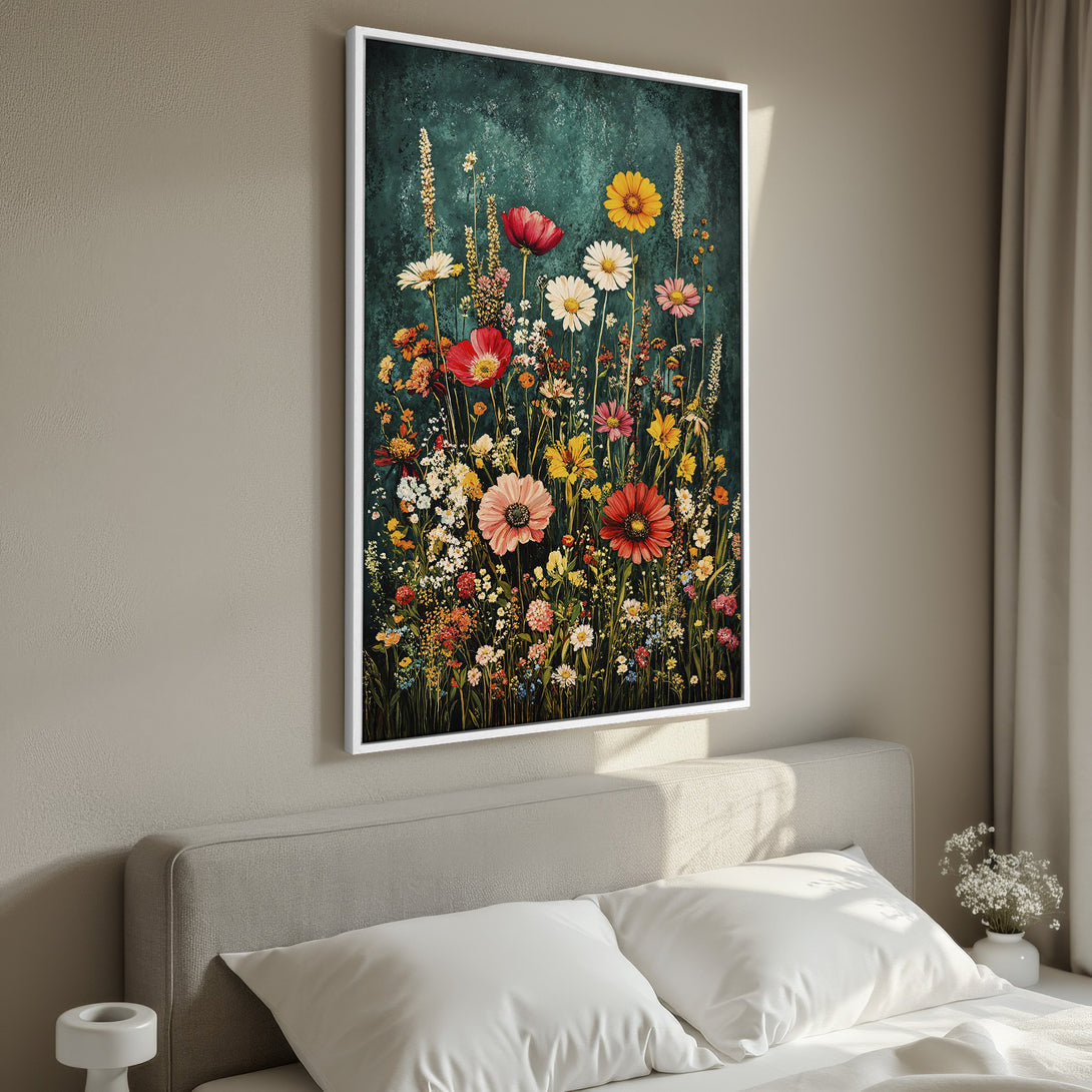 Framed Wall Art: Vibrant floral canvas print with a dark teal background, featuring colorful wildflowers. Perfect for bedroom decor, adding a touch of nature.