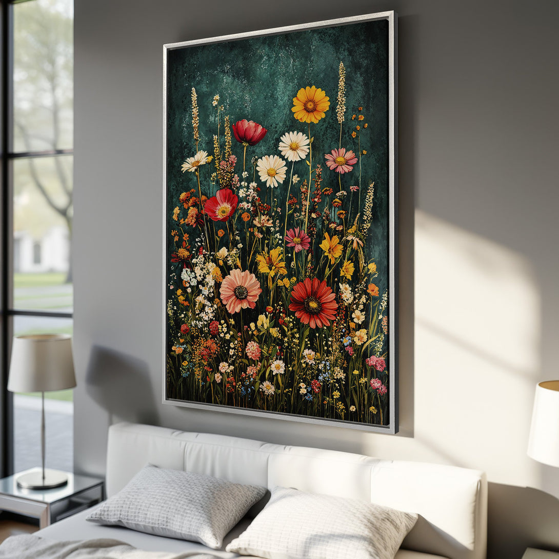 Framed Wall Art: Stunning floral canvas print with vibrant blooms against a dark teal background. Adds a touch of nature and color to any room.