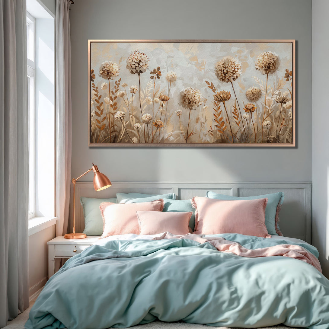 Framed Wall Art featuring botanical illustration in neutral tones. Perfect bedroom decor with a calming, modern aesthetic. Shop now!