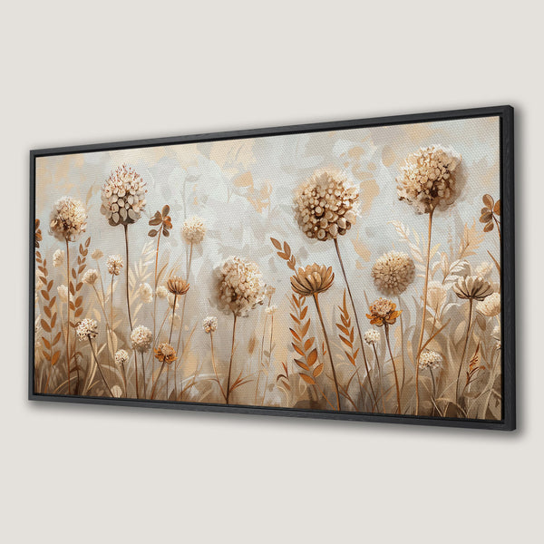Framed Wall Art featuring abstract floral art in neutral tones. Earthy, botanical Canvas Print perfect for adding a touch of nature and elegance to your space.