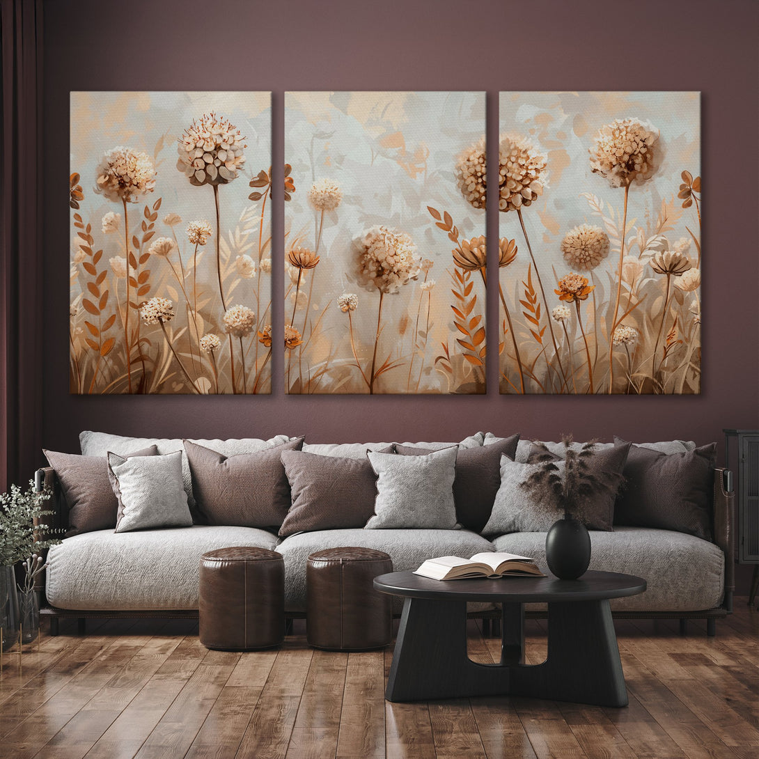 Canvas Print triptych featuring abstract floral art in warm beige and brown tones, perfect for adding a touch of nature to your home decor.