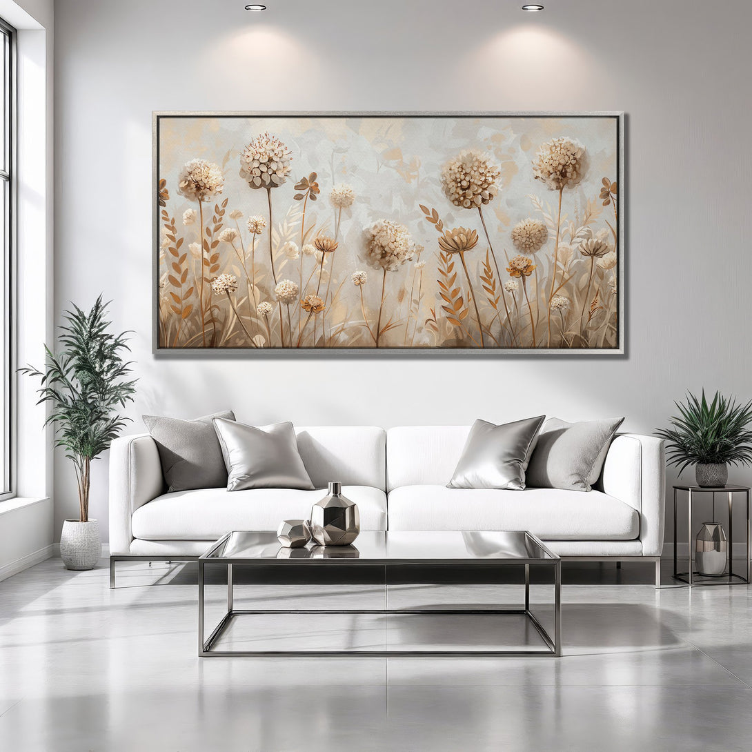 Framed Wall Art featuring abstract floral design in neutral tones. Modern canvas print adds a touch of nature-inspired elegance to any space.