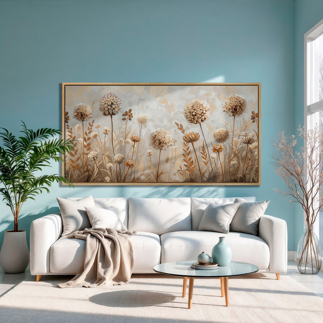 Framed Wall Art: Abstract floral Canvas Print in neutral tones. Adds a touch of elegance to any living room with its warm, earthy palette.