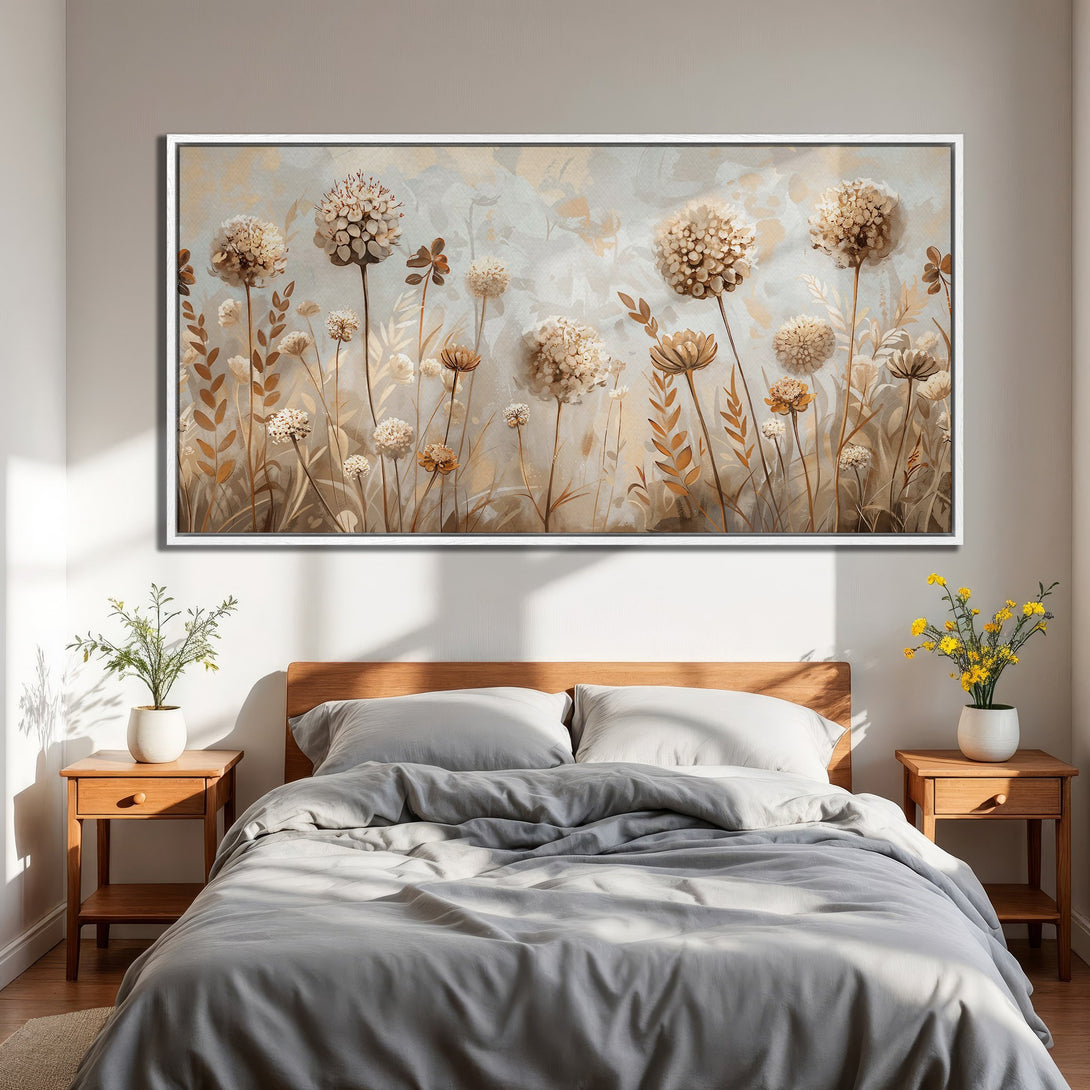 Framed Wall Art featuring a serene floral field in neutral tones. Perfect for adding a touch of nature and calming style to your bedroom decor.