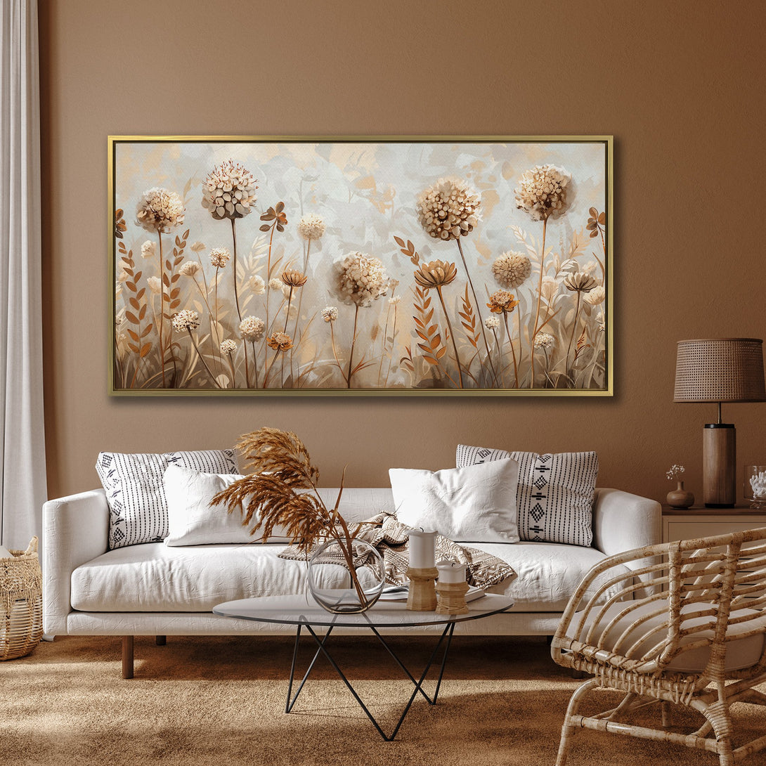 Canvas Print of abstract floral art in neutral tones, perfect for adding a touch of elegance to your living room decor.