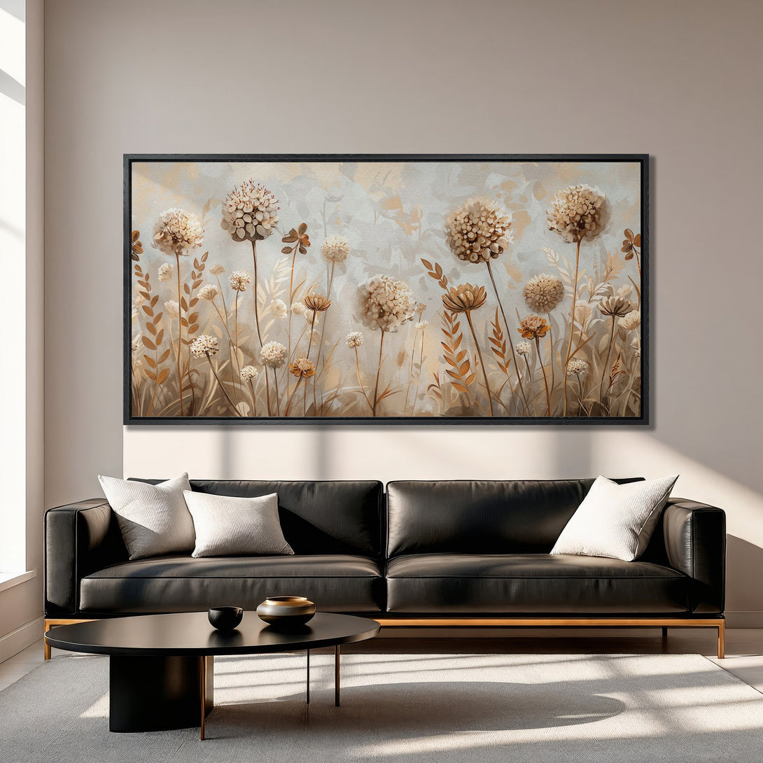 Framed Wall Art featuring a botanical illustration in neutral tones. Adds a touch of nature and elegance to any interior. Perfect for living rooms!