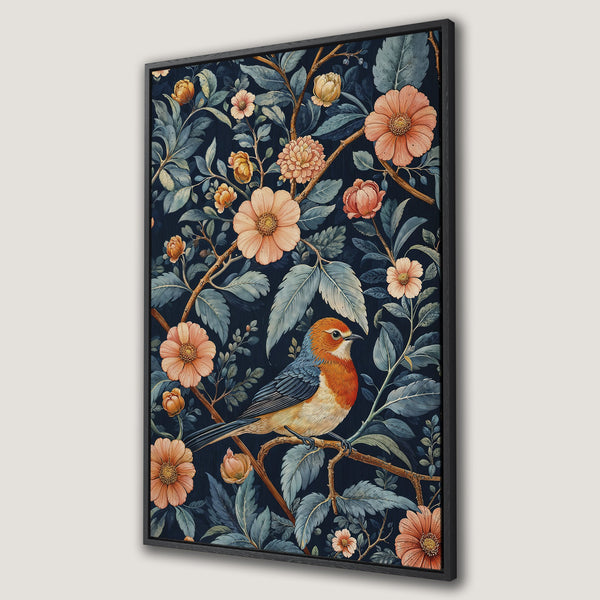 Framed Wall Art featuring a vibrant bird and floral design in a watercolor style with a navy, peach, and teal color palette. Perfect for adding elegance!