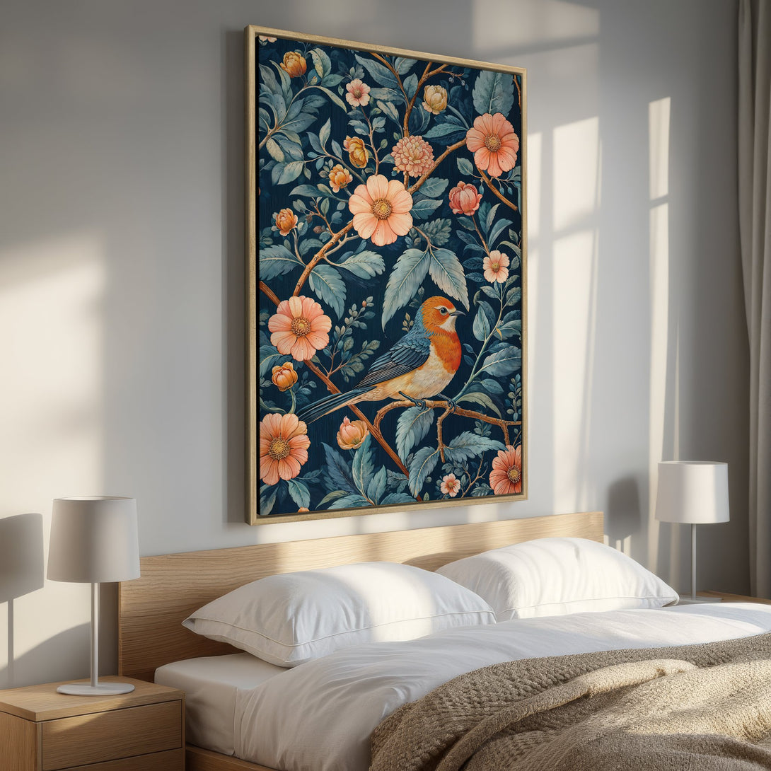 Framed Wall Art featuring a bird and floral design in a vintage style. The color palette includes navy, peach, and teal, perfect for bedroom decor.