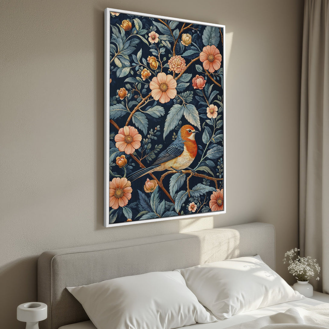 Framed Wall Art featuring a vibrant bird and floral design in a vintage style. Beautiful blue, orange, and green color palette, perfect for bedroom decor.