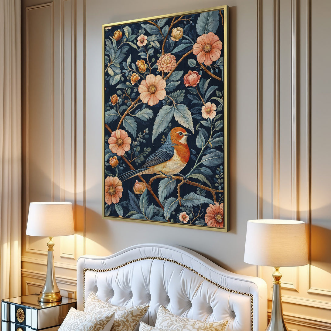 Canvas Print featuring a vibrant bird and floral design in a botanical style with a navy, peach, and teal color palette. Perfect wall art!